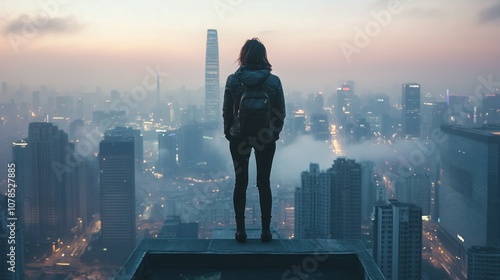 Silhouette woman standing on top of building looking at modern cyberpunk city background wallpaper AI generated image