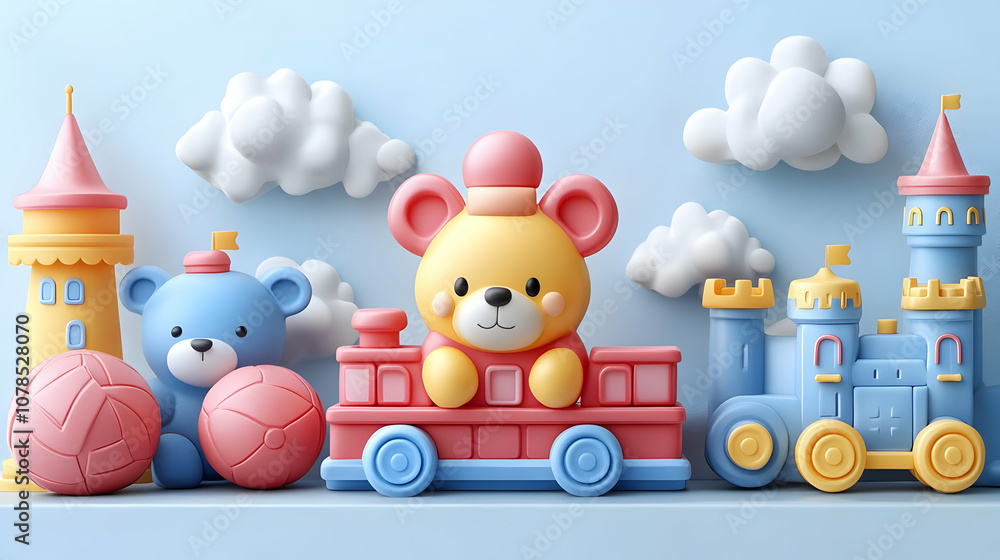 Cute Cartoon Teddy Bears with Train and Castles 3D Illustration Cute Cartoon Teddy Bears with Train and Castles 3D Illustration