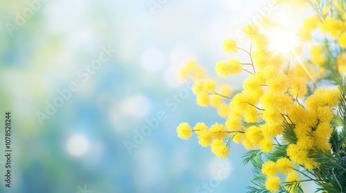 Beautiful mimosa flowers on a blue background with sun rays, a spring and Easter concept.