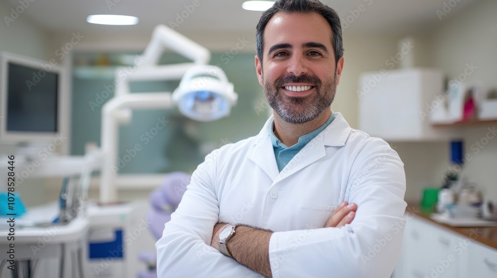 Fototapeta premium Handsome male dentist standing in his dental office, arms crossed and smiling at the camera with professional equipment in the background