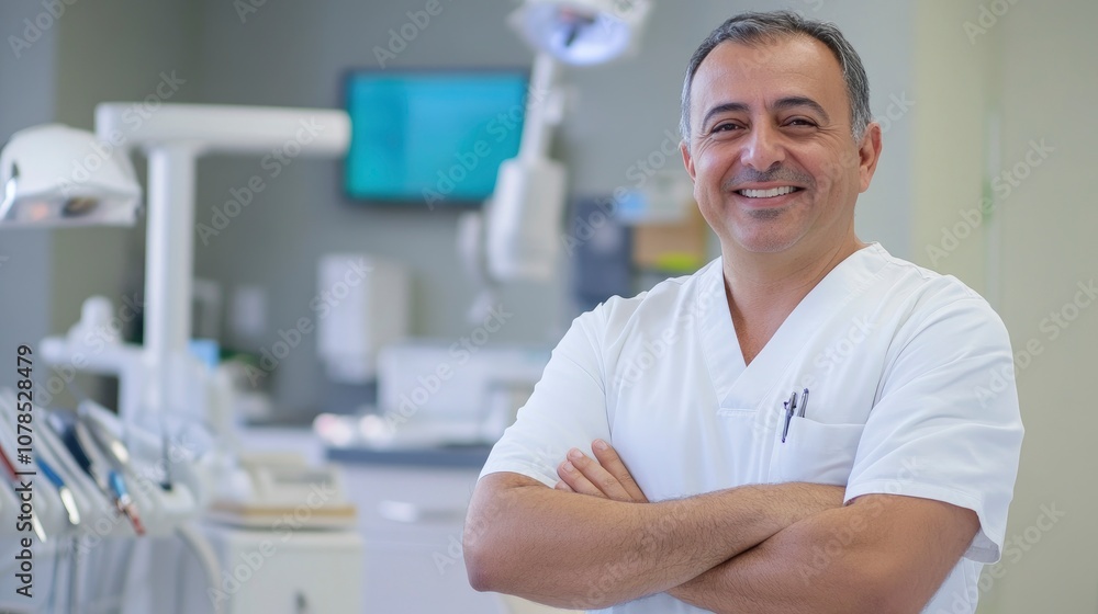 Fototapeta premium Handsome male dentist standing in his dental office, arms crossed and smiling at the camera with professional equipment in the background