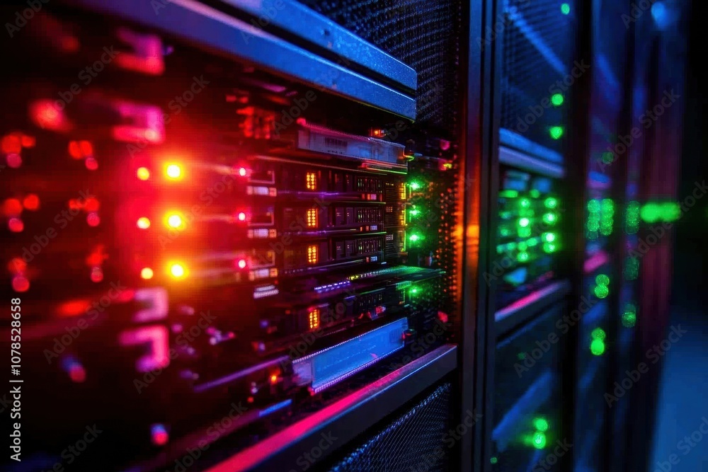 Blinking indicators on servers illuminate a dark data center, reflecting activity and intense processing during the night. Generative AI Blinking indicators on servers illuminate a dark data center, reflecting activity and intense processing during the night. Generative AI