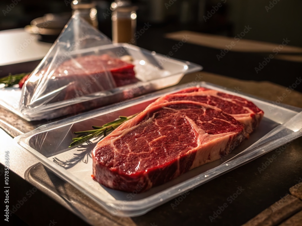 High-Quality Fresh Red Meat in Clear Vacuum Packaging for Culinary Use, Showcasing Freshness and Flavor for Gourmet Cooking, Ideal for Chefs and Home Cooks High-Quality Fresh Red Meat in Clear Vacuum Packaging for Culinary Use, Showcasing Freshness and Flavor for Gourmet Cooking, Ideal for Chefs and Home Cooks