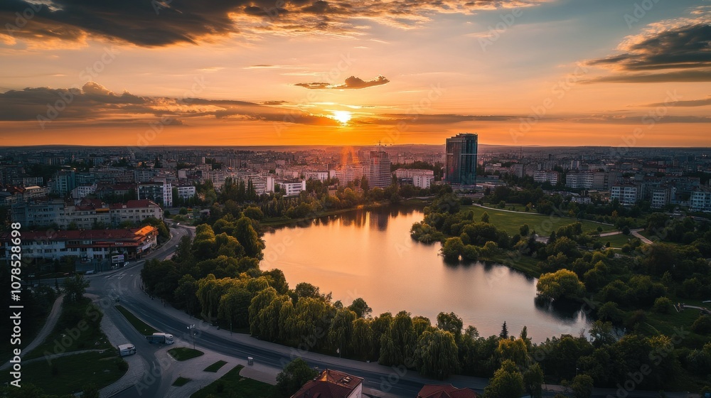 Fototapeta premium Cityscape with Sunset and Lake
