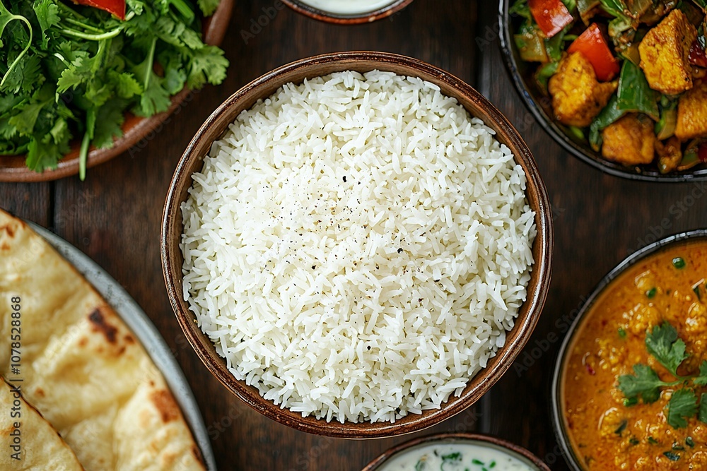 A bowl of white rice on the table, surrounded by other dishes such as curries... A bowl of white rice on the table, surrounded by other dishes such as curries...