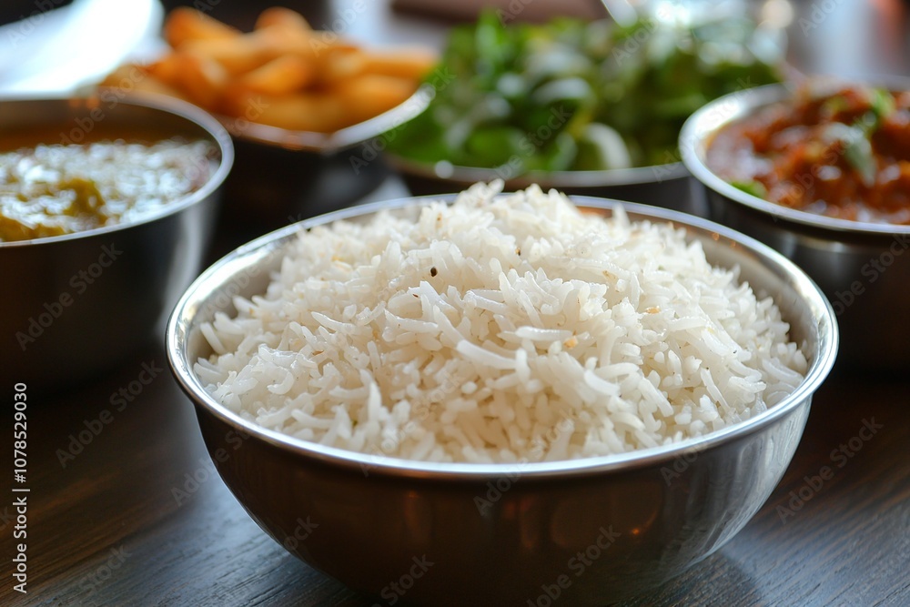 A bowl of white rice on the table, surrounded by other dishes with Indian... A bowl of white rice on the table, surrounded by other dishes with Indian...