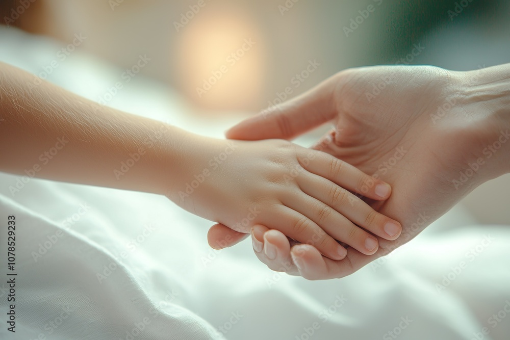 A child's hand holding the mother's hand in a hospital setting, close-up of...