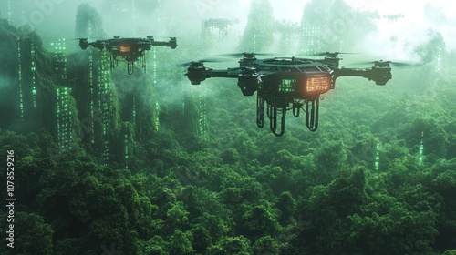 Three drones fly over a dense, green forest with a futuristic cityscape in the background.