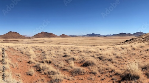 A panoramic view of a vast, arid desert landscape with red sand dunes and dry grasses in the foreground under a clear blue sky.