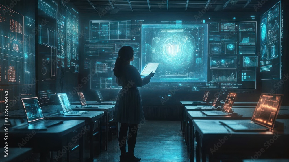Woman with tablet in a futuristic classroom with holographic displays. Woman with tablet in a futuristic classroom with holographic displays.