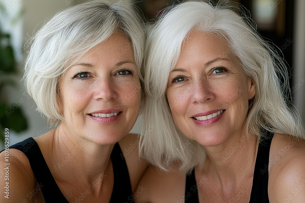 A close-up portrait of two middle-aged women friends, one with short blonde... A close-up portrait of two middle-aged women friends, one with short blonde...