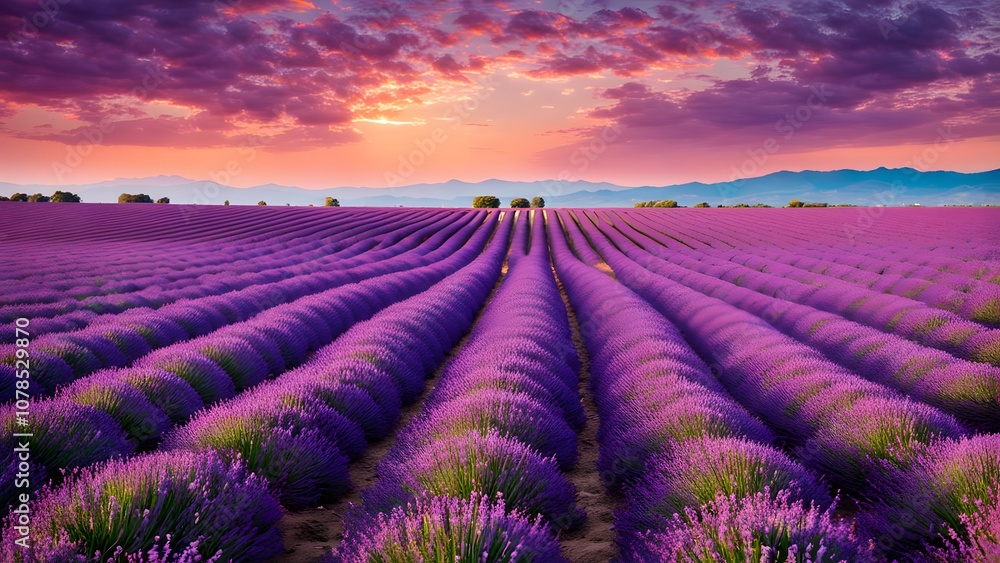Lavender fields at sunset with rows of purple stretching to the horizon, AI Generated Lavender fields at sunset with rows of purple stretching to the horizon, AI Generated