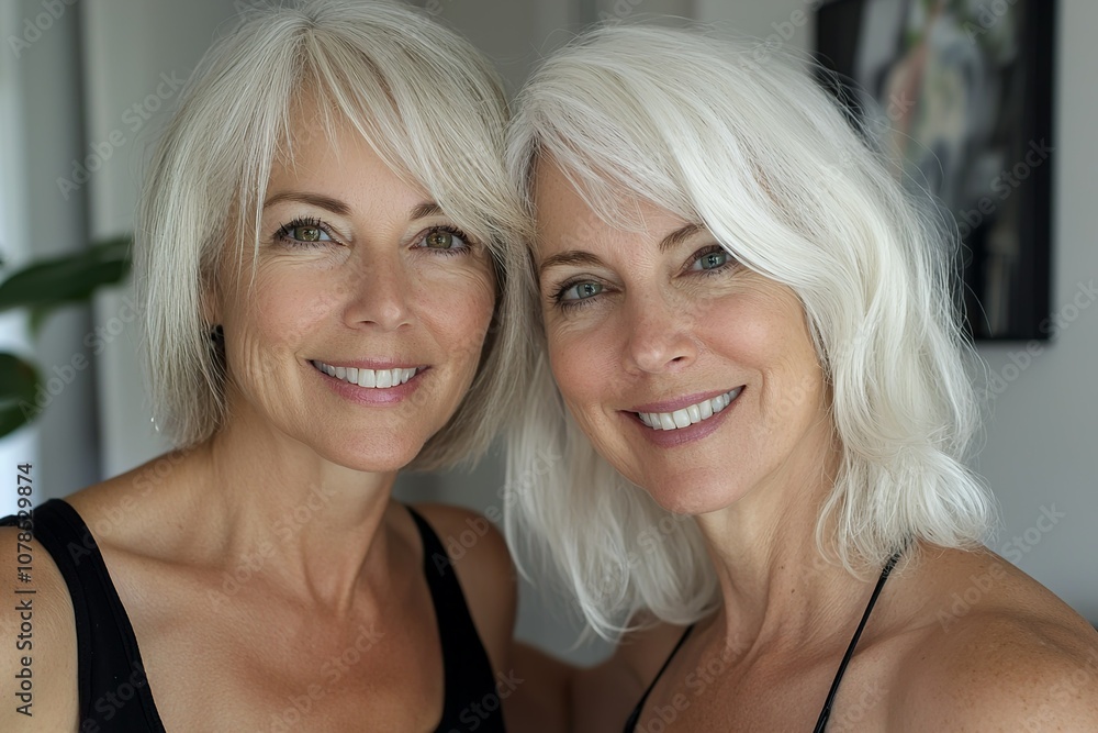 A close-up portrait of two middle-aged women friends, one with short blonde... A close-up portrait of two middle-aged women friends, one with short blonde...