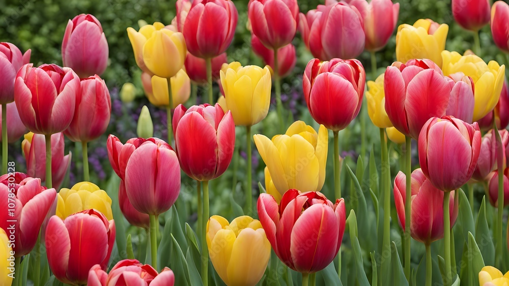 Soft and vibrant tulips in shades of red yellow and pink in a garden, AI Generated Soft and vibrant tulips in shades of red yellow and pink in a garden, AI Generated