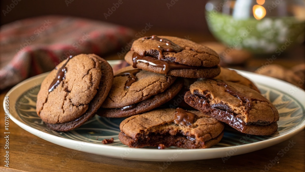 Indulgent Double Chocolate Cookies with Rich Filling Displayed in a Panoramic View, Perfectly Baked for Dessert Lovers and Sweet Treat Enthusiasts Indulgent Double Chocolate Cookies with Rich Filling Displayed in a Panoramic View, Perfectly Baked for Dessert Lovers and Sweet Treat Enthusiasts