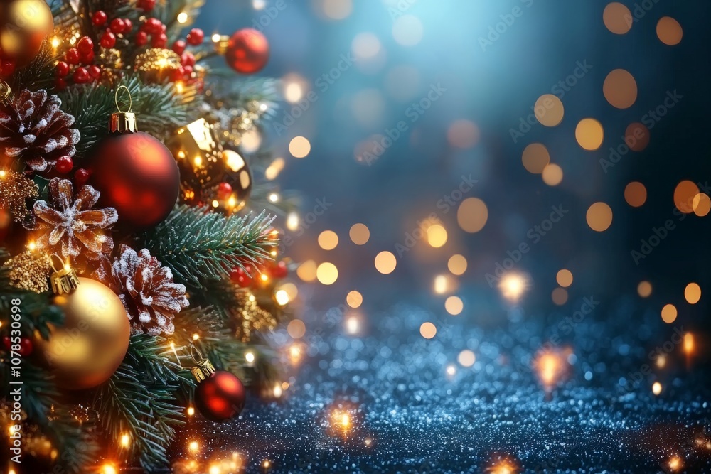 Glittering Christmas baubles and decorations with soft golden bokeh lights creating a luxurious and festive atmosphere for holiday celebrations Glittering Christmas baubles and decorations with soft golden bokeh lights creating a luxurious and festive atmosphere for holiday celebrations