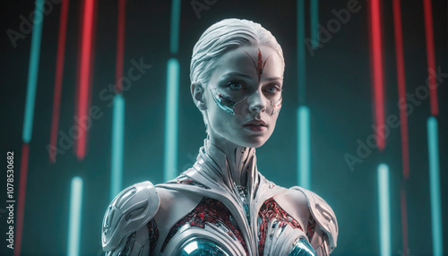 A woman with a robotic body stands in front of a background of colorful lights