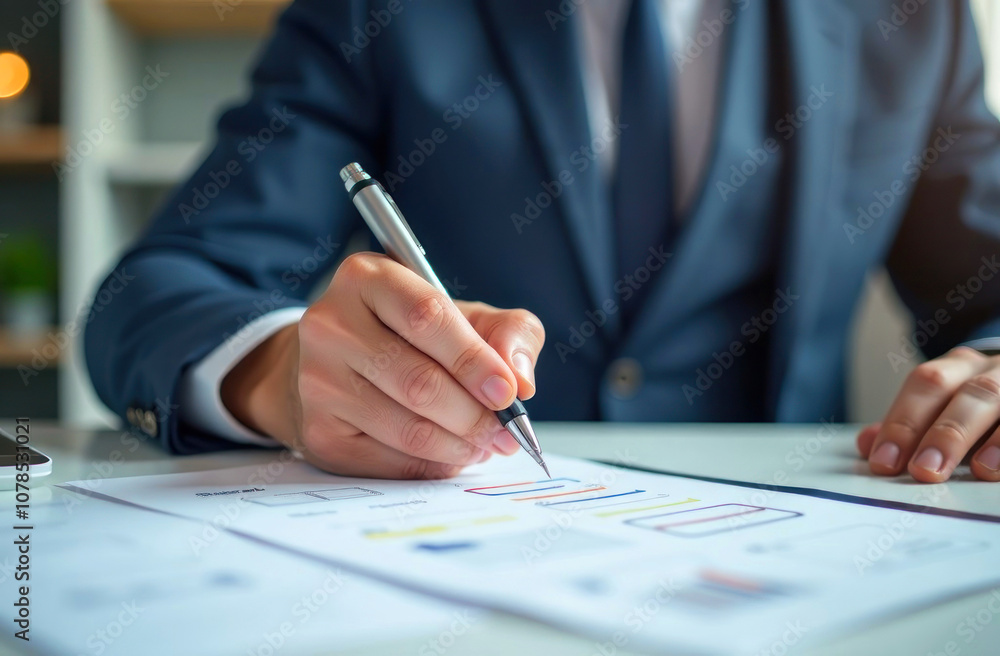 A professional reviews data charts and writes observations in a contemporary office work environment. A professional reviews data charts and writes observations in a contemporary office work environment.