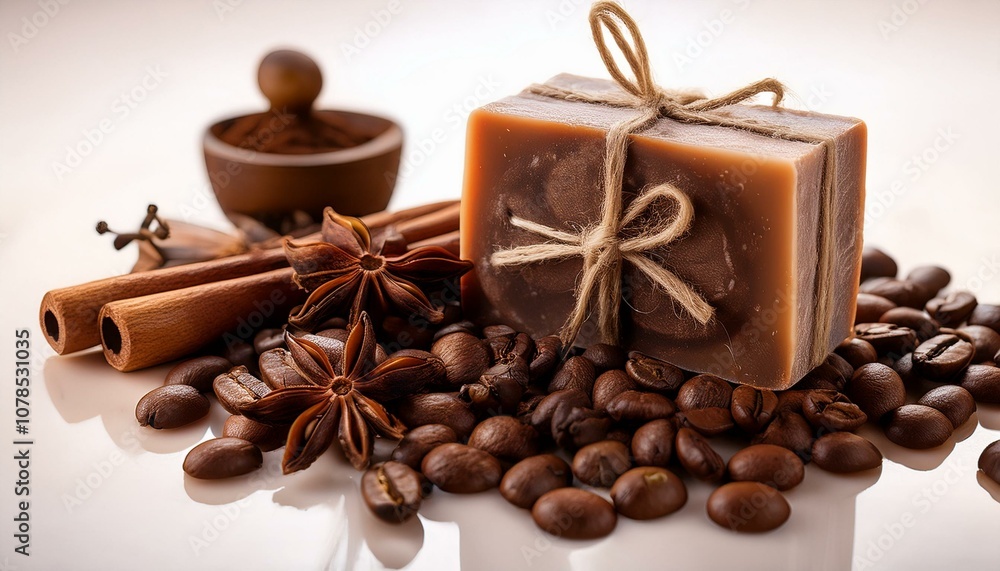 Fototapeta premium crafted bar of soap with roasted coffee beans cinnamon and anise