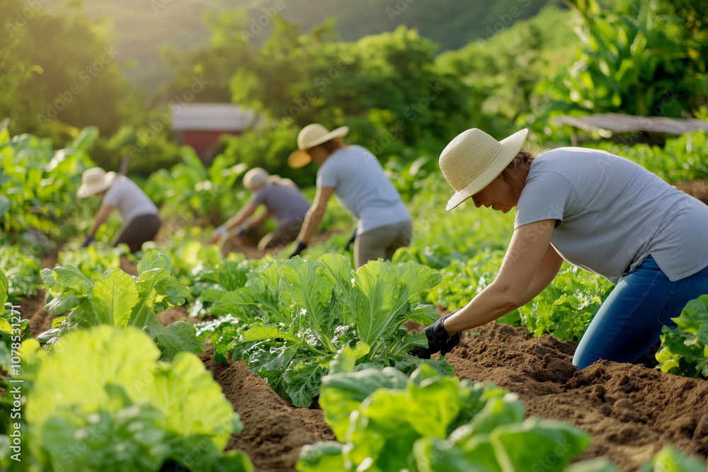 Fototapeta premium Group of People Working in Organic Vegetable Garden at Sunrise