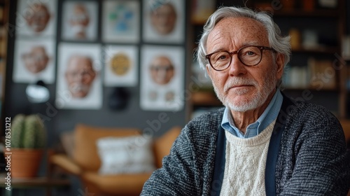 Elderly man in a cozy interior with art on the wall.