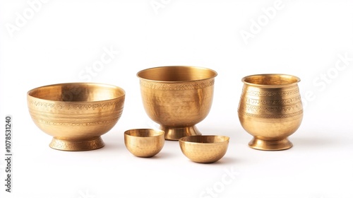 Golden Brassware: A Collection of Ornate Bowls, Chalices, and Goblets. Explore the Beauty of Traditional Ritualistic and Ceremonial Objects.