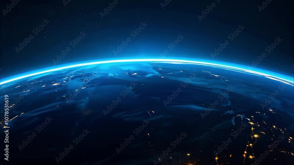 A view of Earth from space, featuring the illuminated surface and the glow of the atmosphere against a dark background. A view of Earth from space, featuring the illuminated surface and the glow of the atmosphere against a dark background.