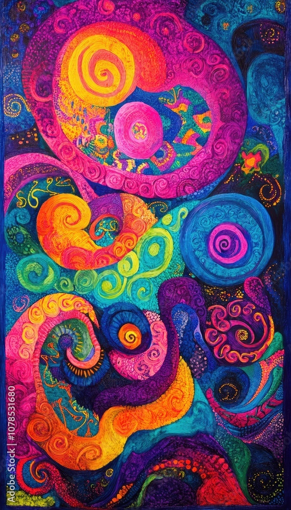 Abstract patterns of swirls and spirals in vibrant neon colors, creating a hypnotic, psychedelic effect Abstract patterns of swirls and spirals in vibrant neon colors, creating a hypnotic, psychedelic effect