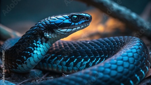 Intricate Close-Up of a Black and Blue Snake with Glowing Patterns Illuminated by Soft Light in a Surreal Setting