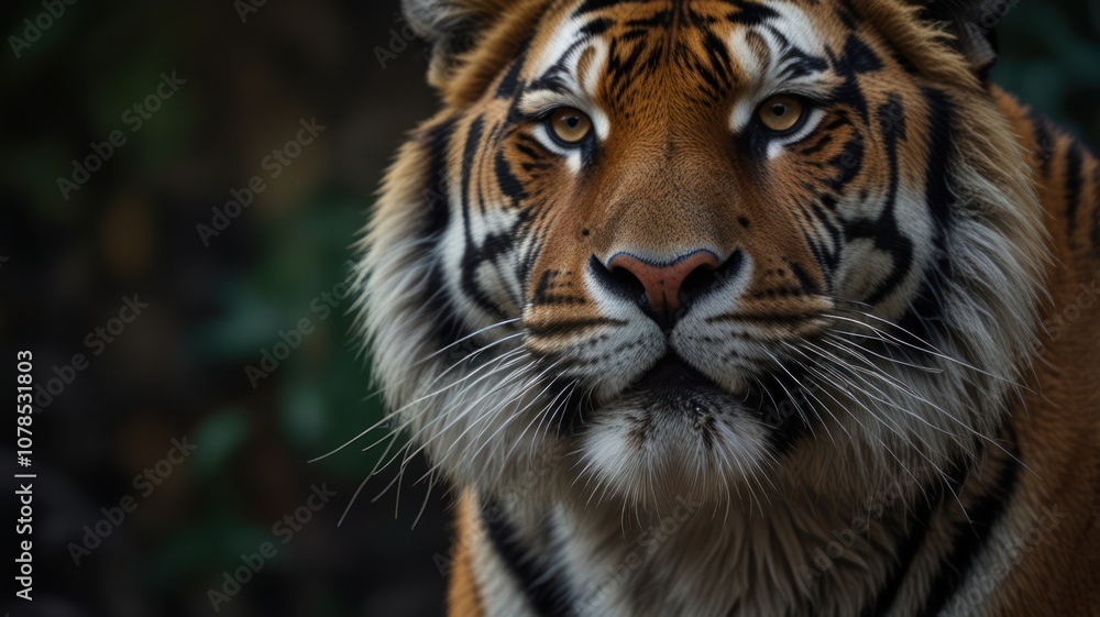 Close-up portrait of a majestic tiger with piercing yellow eyes, looking directly at the camera. Close-up portrait of a majestic tiger with piercing yellow eyes, looking directly at the camera.