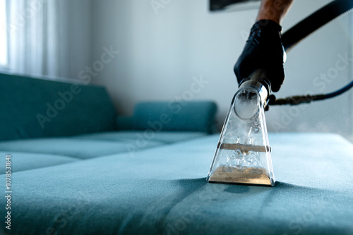 A worker wearing gloves uses specialized equipment to deep clean a teal couch, lifting dirt and stains in a well-lit living area.