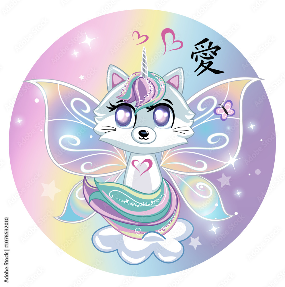 Fototapeta premium Cute little white cat unicorn.