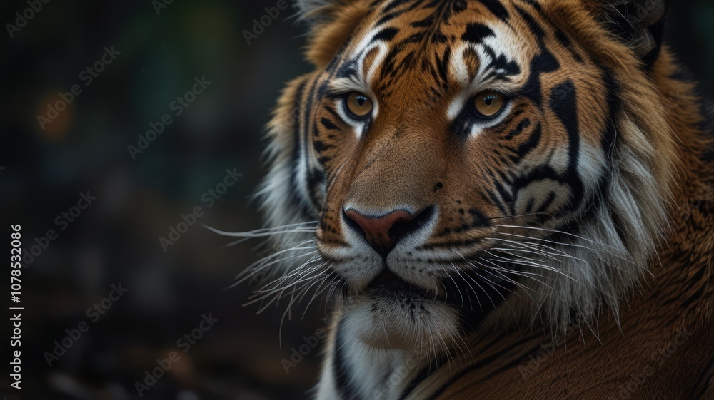 Close-up portrait of a majestic tiger with piercing blue eyes, staring intensely at the camera, set against a dark blurred background. Close-up portrait of a majestic tiger with piercing blue eyes, staring intensely at the camera, set against a dark blurred background.
