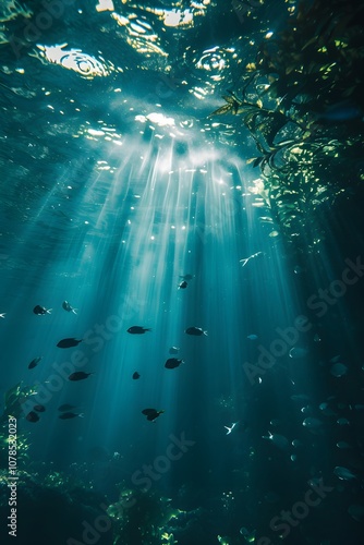 Surreal underwater scene with muffled minimalist music playing in the background AI generated illustration photo