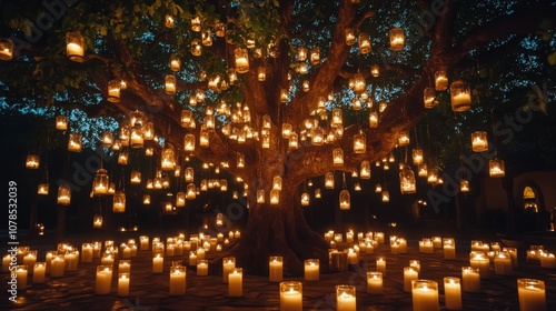 A tranquil evening gathering under a tree adorned with glowing lanterns and candles