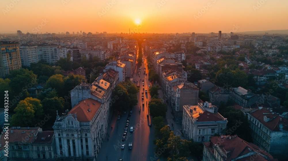 Naklejka premium Aerial View of City at Sunset