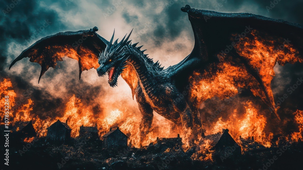 A fiery dragon stands over a burning village, smoke and flames fill the sky. A fiery dragon stands over a burning village, smoke and flames fill the sky.