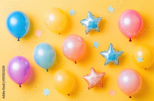 Colorful balloons and stars on vibrant yellow background photo