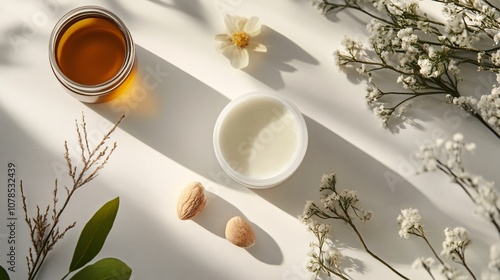 Nourishing Skincare Cream with Natural Ingredients on White Background with Flowers and Almond Nuts photo