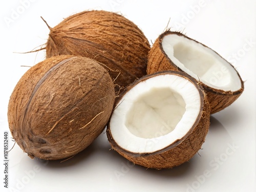 Isolated Coconut Collection: Whole and Half Coconuts on White Background Perfect for Culinary, Health, and Tropical Themes in Stock Photography