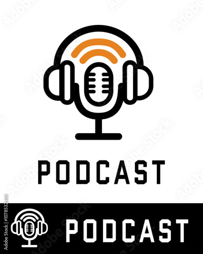 A modern podcast logo featuring a microphone with headphones and broadcast waves isolated on white background 