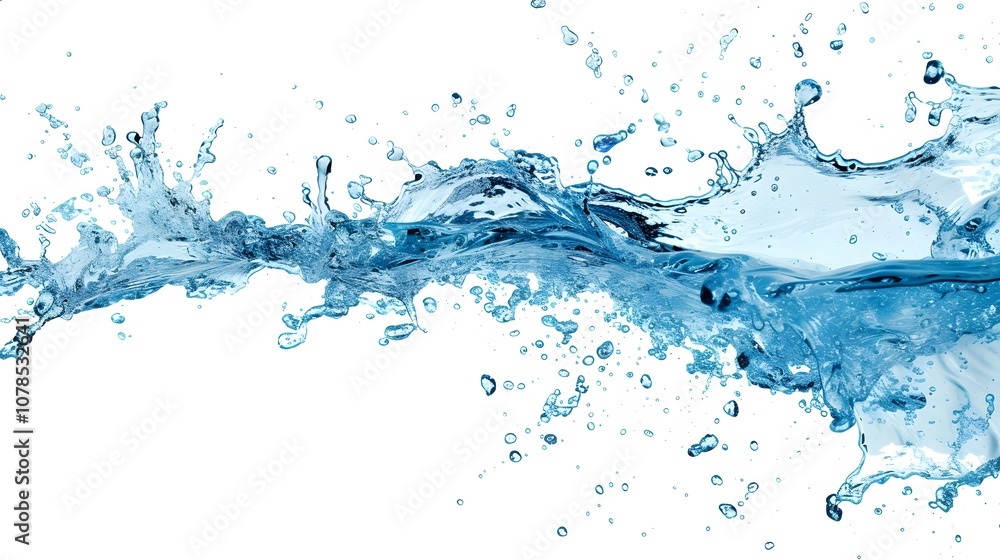The dynamic movement of a cerulean water splash isolated on a plain white canvas AI generated illustration The dynamic movement of a cerulean water splash isolated on a plain white canvas AI generated illustration