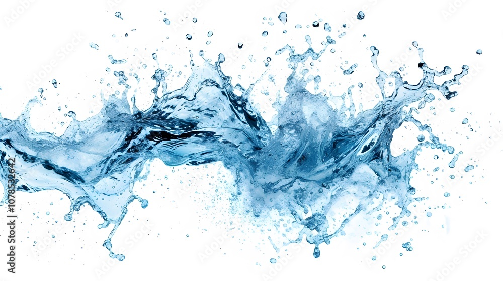 The dynamic movement of a cerulean water splash isolated on a plain white canvas AI generated illustration The dynamic movement of a cerulean water splash isolated on a plain white canvas AI generated illustration