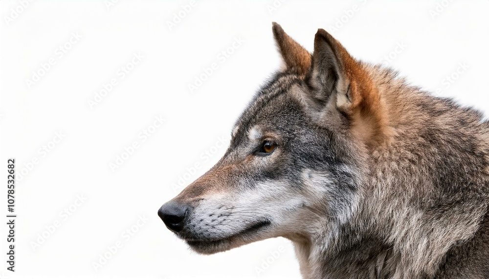 Fototapeta premium close up image of a captivating gray wolf with a piercing gaze isolated on white
