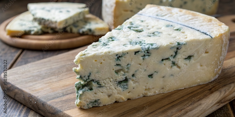 Isolated Roquefort Cheese on a Wooden Board with Macro Details of Blue Veins and Crumbly Texture, Highlighting the Unique Characteristics of This French Specialty Isolated Roquefort Cheese on a Wooden Board with Macro Details of Blue Veins and Crumbly Texture, Highlighting the Unique Characteristics of This French Specialty