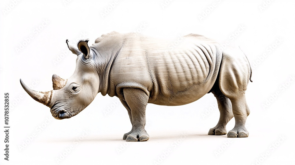 Fototapeta premium Majestic Rhino: A Portrait of Power and Vulnerability on White