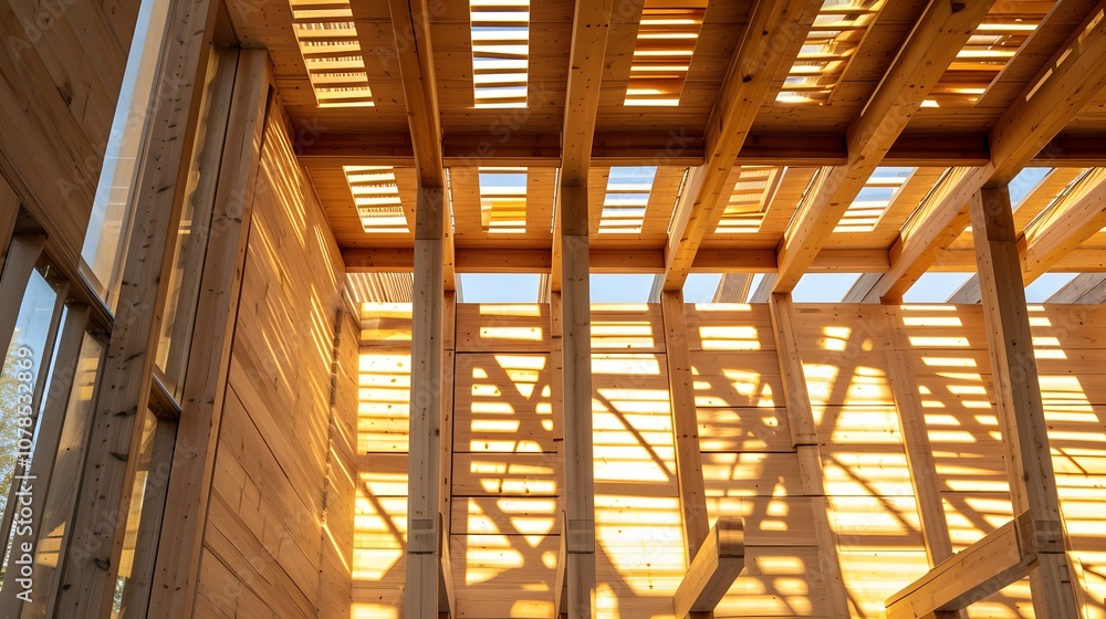 The interplay of light and shadow on a wooden ecofriendly structure AI generated illustration The interplay of light and shadow on a wooden ecofriendly structure AI generated illustration