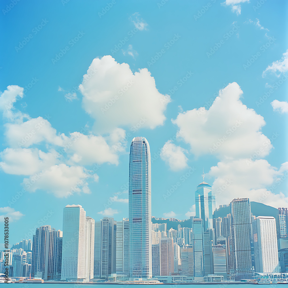 stunning view of Hong Kong skyline featuring modern skyscrapers under bright blue sky with fluffy clouds. vibrant cityscape showcases architectural beauty and urban life stunning view of Hong Kong skyline featuring modern skyscrapers under bright blue sky with fluffy clouds. vibrant cityscape showcases architectural beauty and urban life