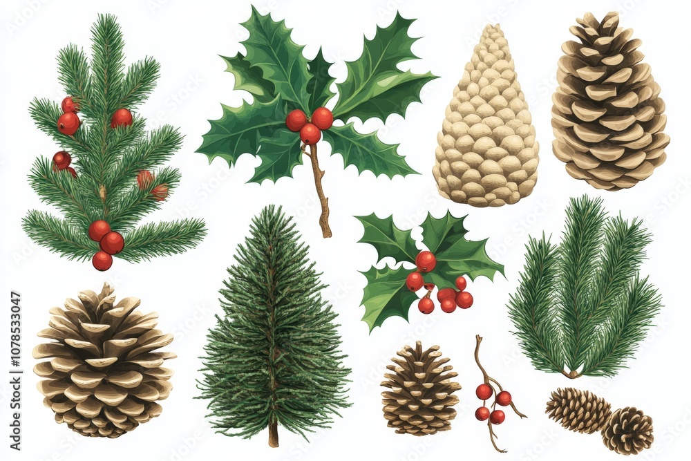 Botanical themed holiday decor featuring pinecones holly leaves and evergreen sprigs emphasizing natural textures and festive details for eco friendly seasonal styling Botanical themed holiday decor featuring pinecones holly leaves and evergreen sprigs emphasizing natural textures and festive details for eco friendly seasonal styling