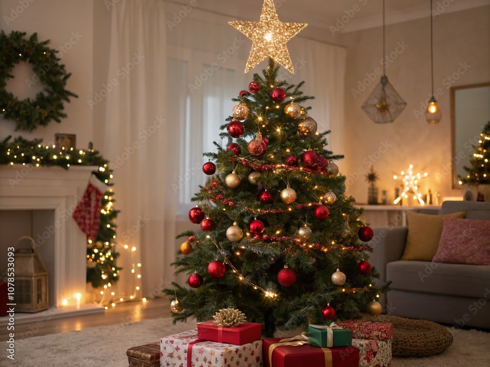 Joyful Christmas Tree Adorned with Vibrant Baubles and a Glittering Star, Perfect Festive Holiday Decor for Celebrating the Spirit of Christmas in Style and Cheer Joyful Christmas Tree Adorned with Vibrant Baubles and a Glittering Star, Perfect Festive Holiday Decor for Celebrating the Spirit of Christmas in Style and Cheer
